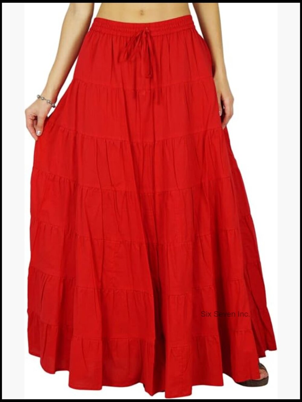 Maxi Cotton Skirt Elastic Waist Drawstring Summer Beach Full Skirt